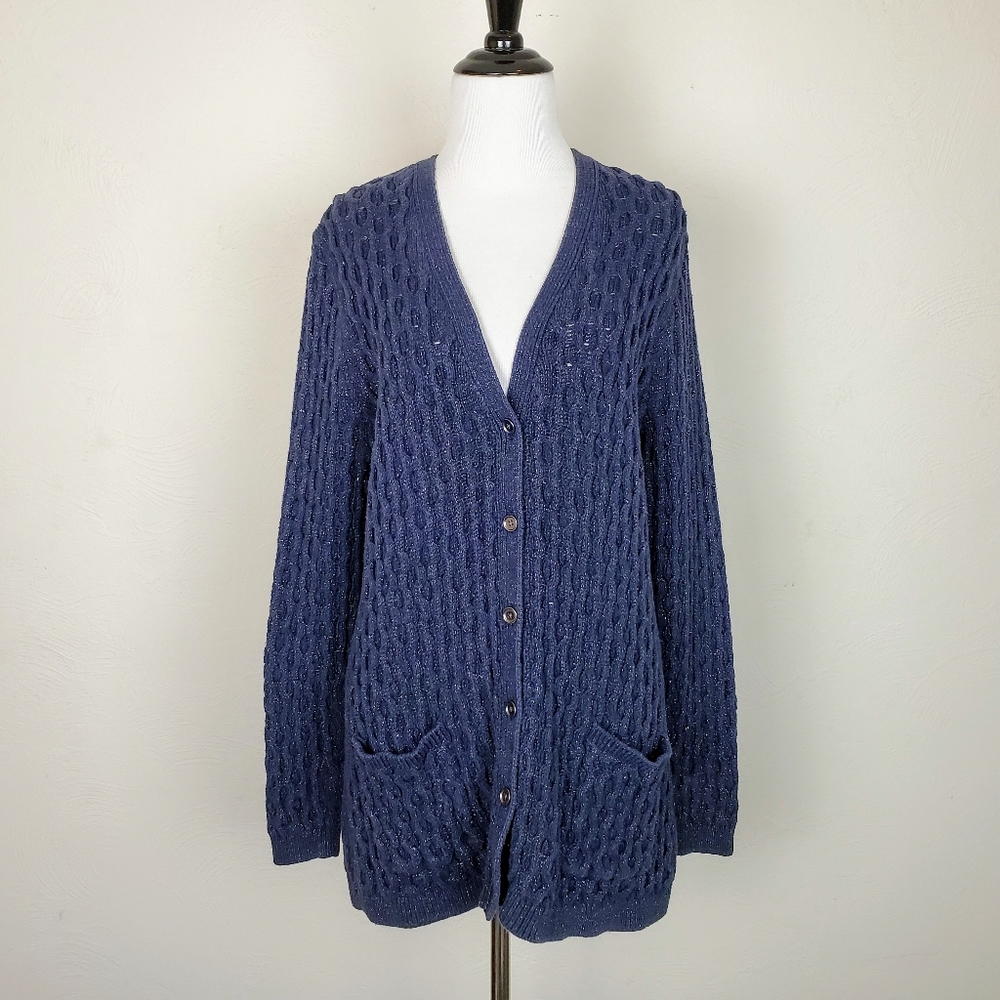 Lands' End Cardigan Sweater Cable Knit Shimmer Blue Fall Winter Neutral